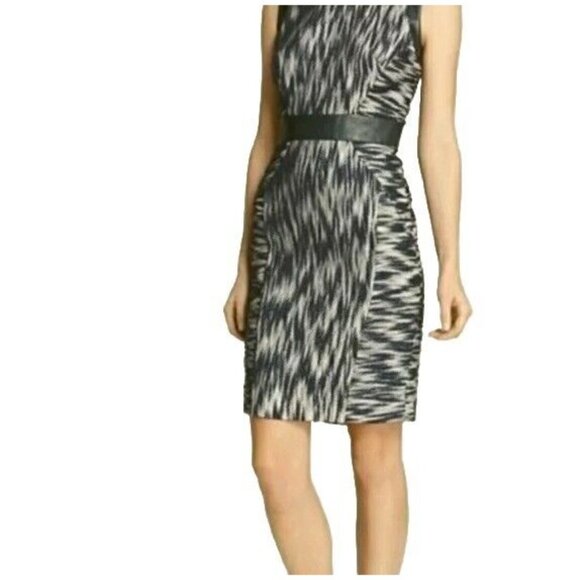 Milly NY USA Women's Dress Blue White Leather Trim Geometric Knit Sheath Size 4 - Picture 6 of 16